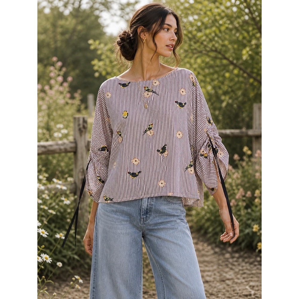 Nanette Lepore Womens M Striped Bird Floral Cotton Boxy Blouse Ruched Tie Sleeve
